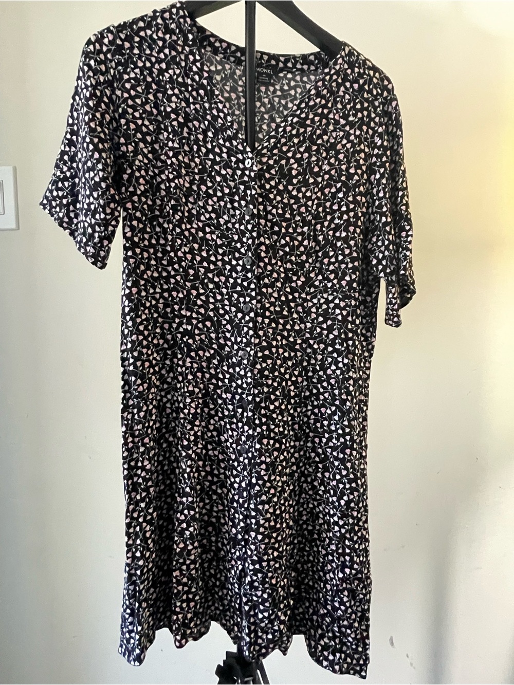 Black Floral-Print Midi Dress with Button Front